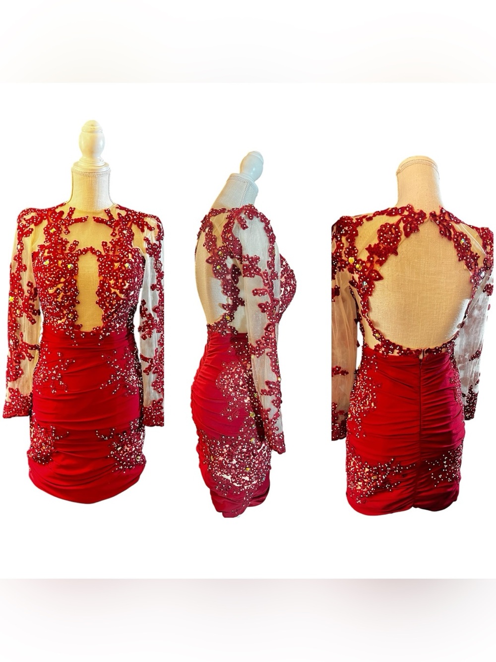 Vienna Red fully Embellished Long-Sleeve Cocktail Dress